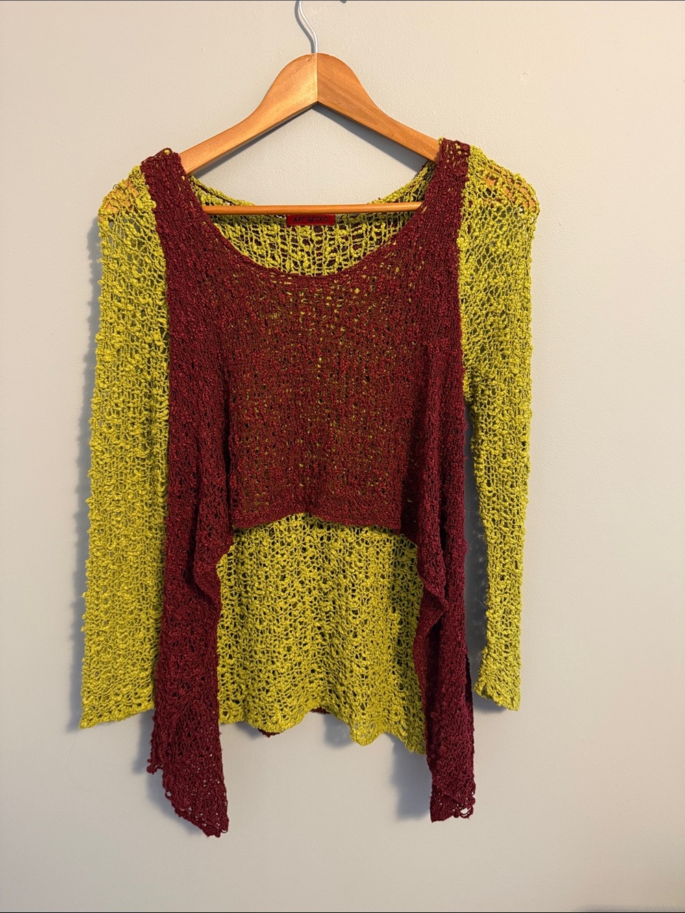 Women’s Open-Knit Layered Scoop Neck Sweater in Olive Green & Burgundy